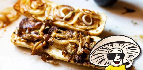 FunGuy's Toasted Oyster Mushrooms with Gouda and Onion Sandwich